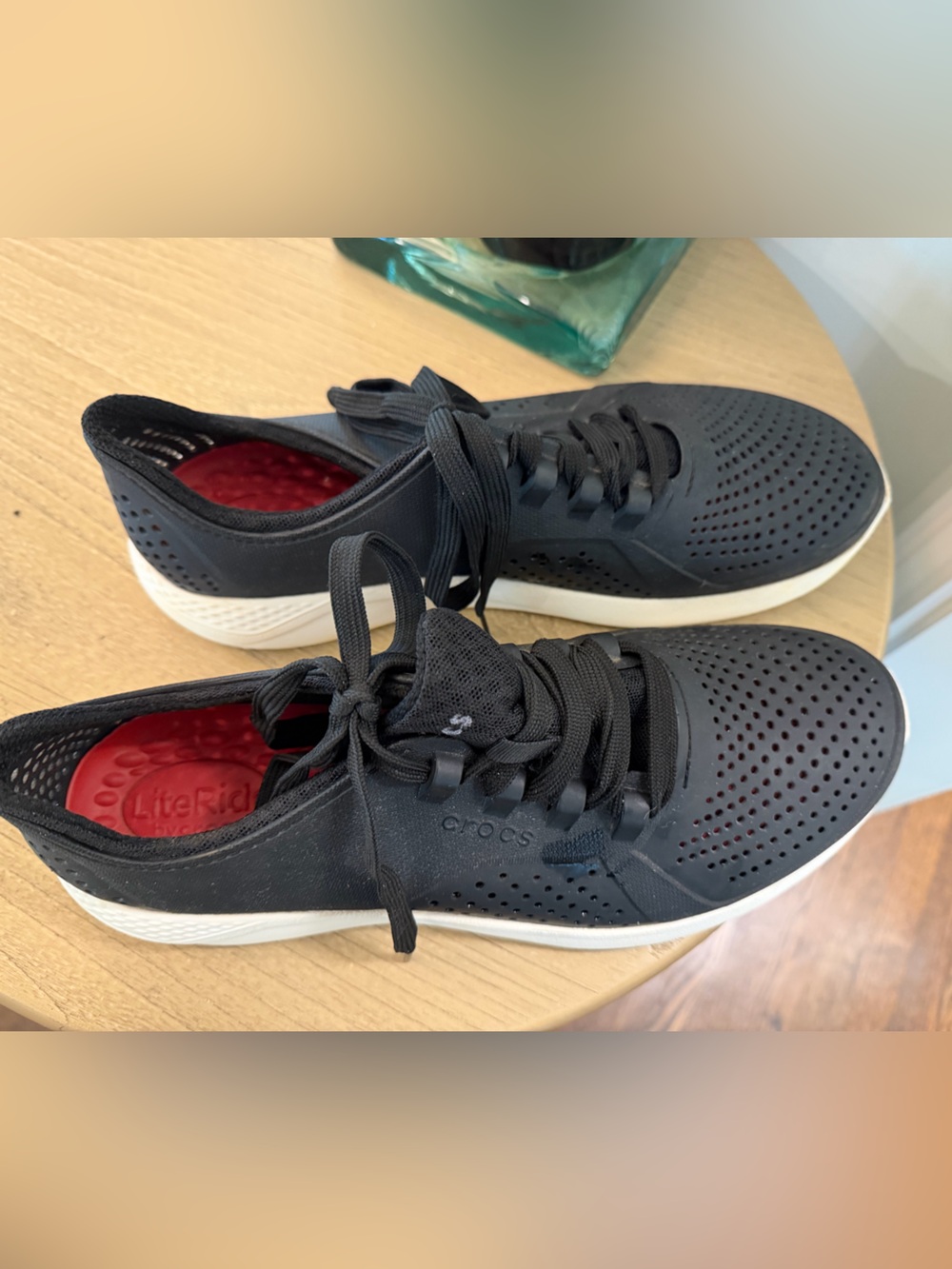 CROCS Men’s Black Perforated Lace-Up Boat Shoes with White Sole